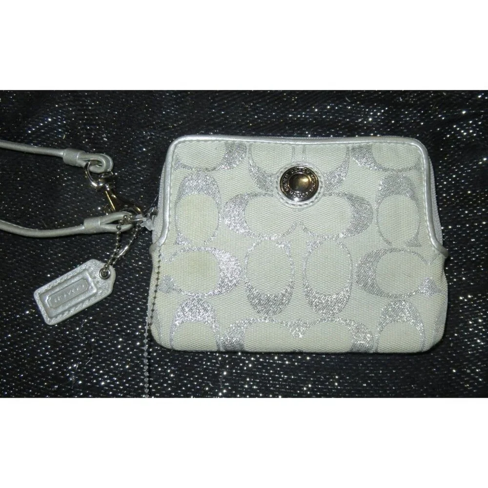 Coach Signature C Canvas & Leather Wristlet in Cream And Silver